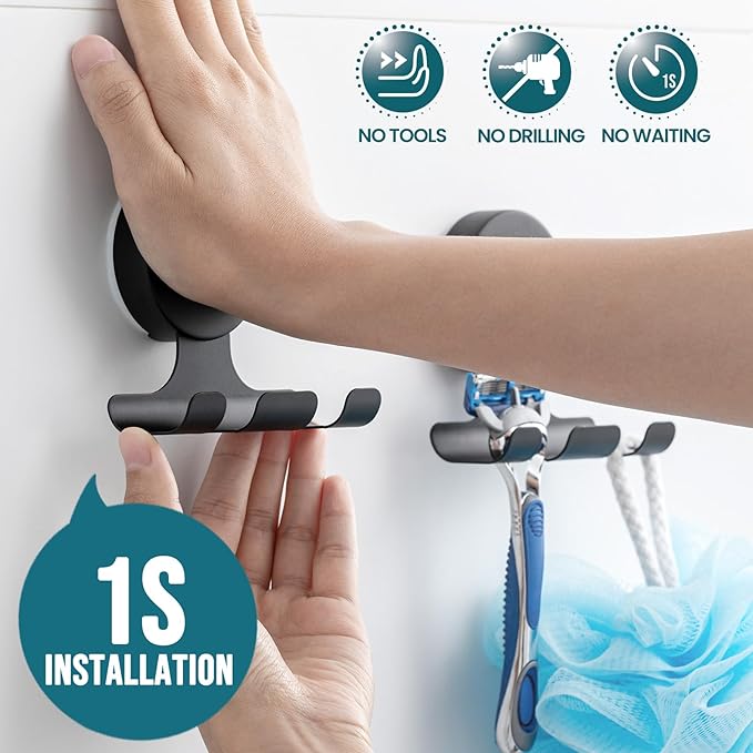 TAILI 2 Pack Powerful Suction Cup Razor Holder, 304 Stainless Steel Bathroom Suction Hooks for Towel, Loofah, Bathrobe, Stylish Shaver Holder for Shower Wall, Easy to Install and Reuse, Black