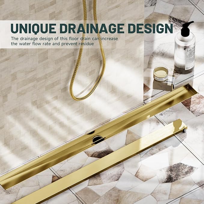 36-Inch Linear Shower Floor Drain, Stainless Steel Bathroom Floor Drains, Rectangular Shower Trench Floor Drain, Hair Strainer, Brushed Gold