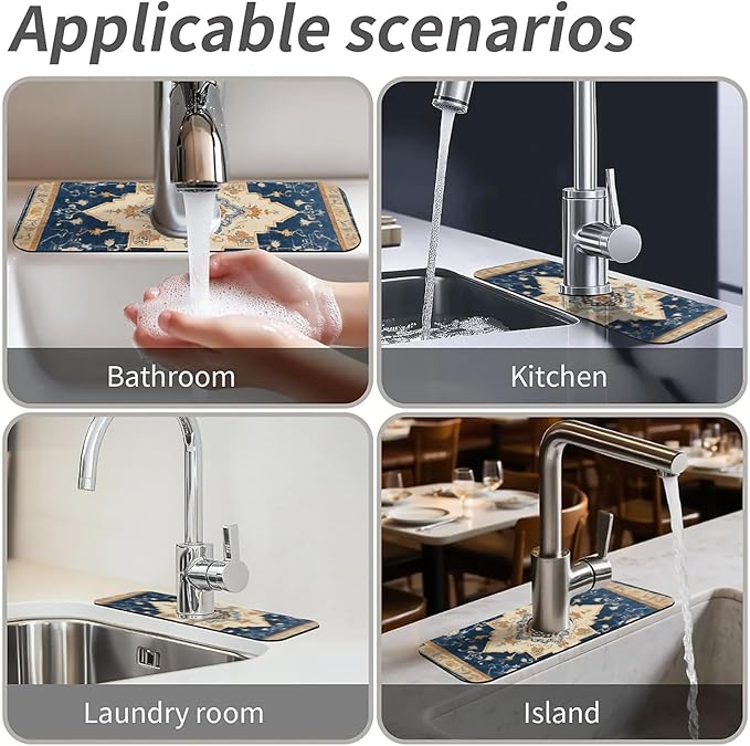 Faucet Draining Mat For Kitchen Sink, Oriental Blue Turkish Carpet Diatom Mud Absorbent Drain Pad For Bathroom Kitchen Sink Splash Guard Drying Mat