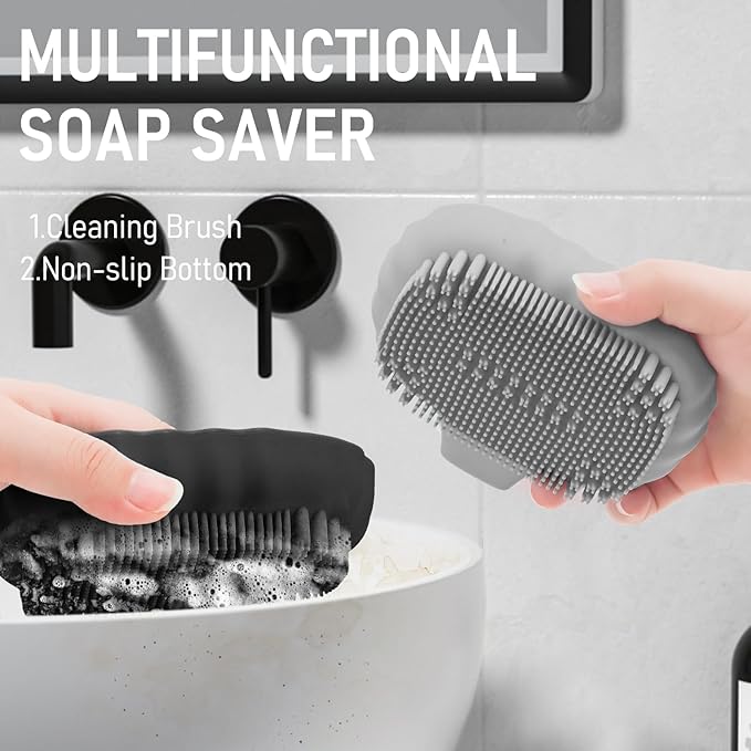 Silicone Soap Dish with Drain 2 Pcs, Anti-Slip Bathroom Bar Soap Holder Dishes Self Draining Waterfall Saver Plate for Shower Sink - Unique Bottom Brush Easy Dry & Clean (Black +Lavender Grey)