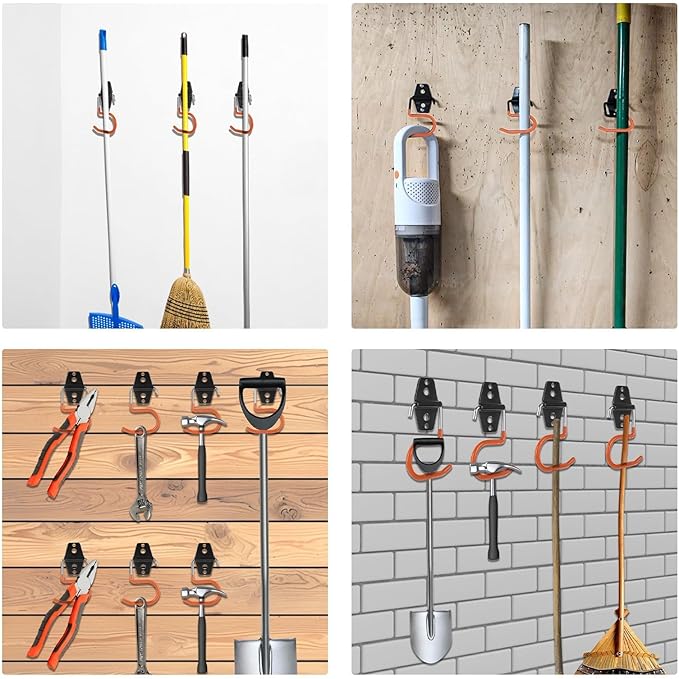 16 Pack Metal Garage Hooks S Hooks Heavy Duty Metal Large S Hooks and Broom and Mop Holder Broom Hooks for Mop Shovel Rake Shed Garden Lawn Yard(Orange)