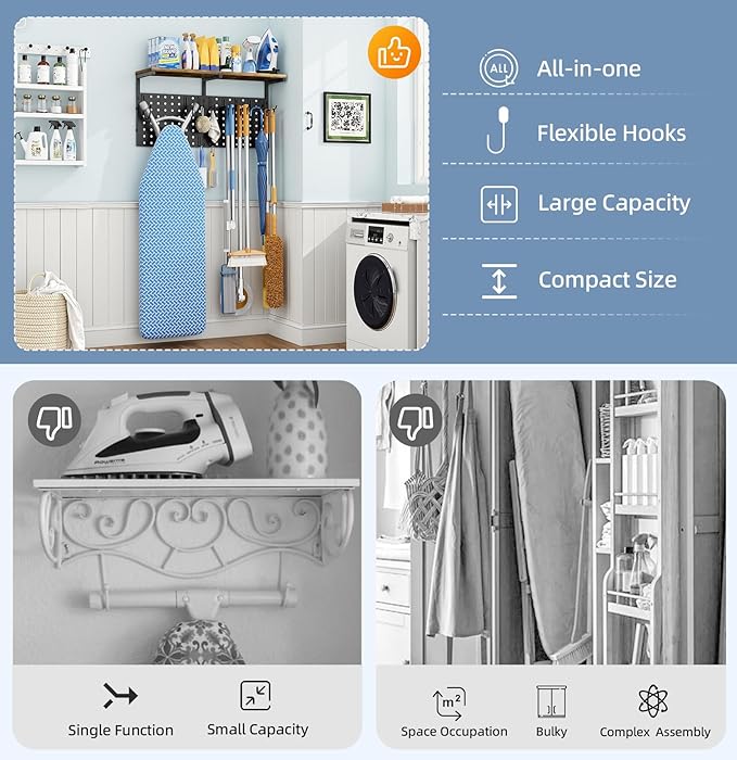 Ironing Board Hanger Wall Mount with Cleaning Supplies Organizer, Laundry Room Organization Storage Shelf with Iron Stand & Broom Mop Holder Hooks, Utility Rack for Home Garage Kitchen