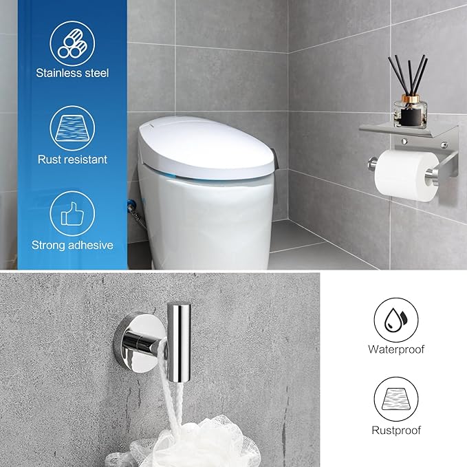 1pcs Toilet Paper Holder with Shelf, 1pcs Towel Ring and 4pcs Towel Hooks, Brushed Nickel Stainless Steel Bathroom Hardware Set
