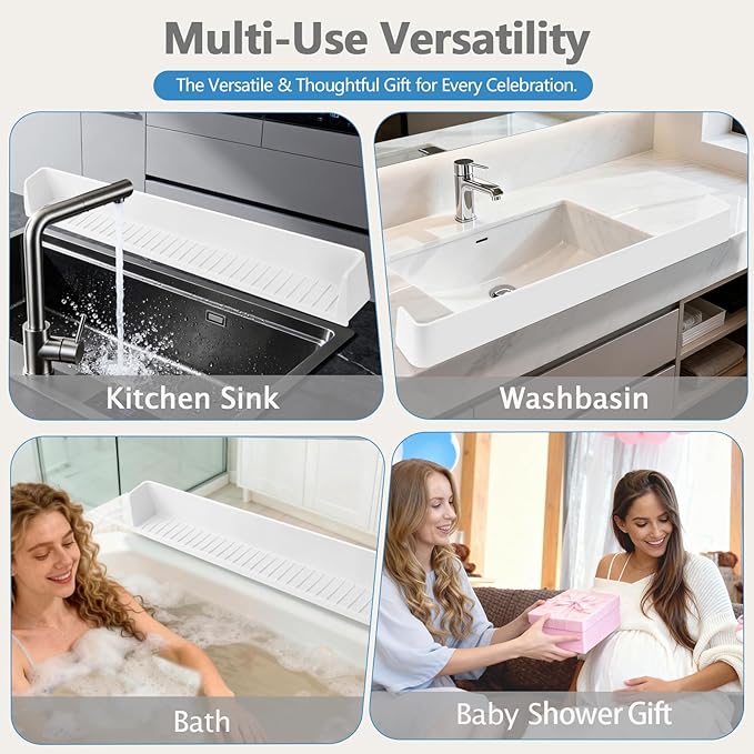 2.6-Ft Bathtub Splash Guard for Tub Kids, Silicone Splash Shield with 11 Suction Cups, Toy Tray Shelf, No Spill Water Barrier, Prevents Mess, Fun Bathtime for Toddlers Baby–White