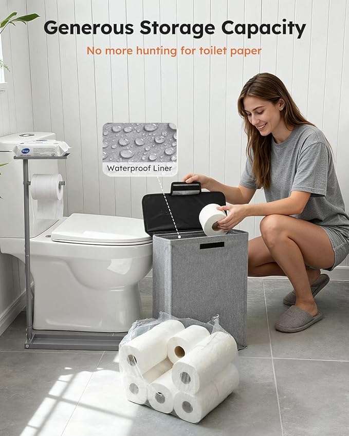 Freestanding Toilet Paper Holder Stand with Shelf for Up to 12 Rolls,Rustproof Metal Bathroom Toilet Paper Storage with Lid, All-in-One Toilet Tissue Roll Dispenser and Organizer,Gray