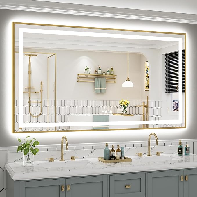 72x40 Inch LED Bathroom Mirror with Gold Frame, Backlit & Front Lit, Anti-Fog Lighted Bathroom Vanity Mirror for Wall, Memory Function, Dimmable, HD Tempered Glass, Shatter-Proof