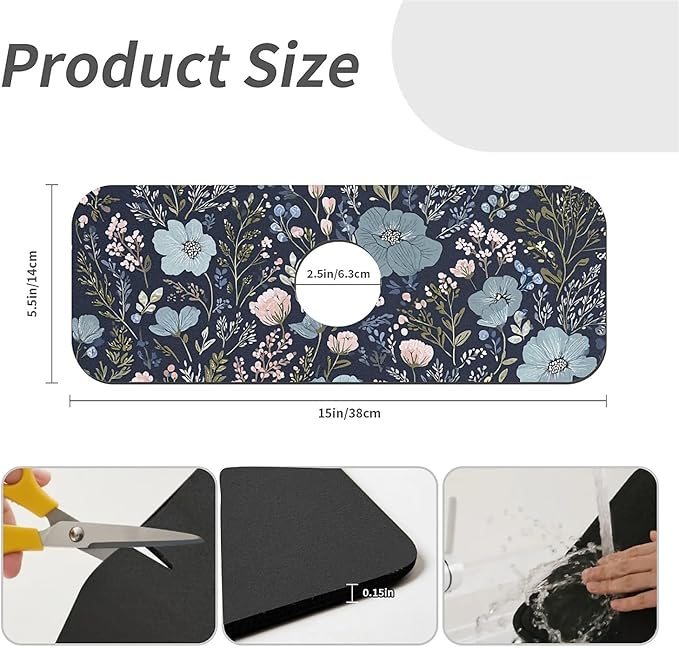 Kitchen Sink Splash Guard，Lush blue pink floral Faucet Mat Sink Gadgets-Super Absorbent Fast Drying Mat Drip Catcher for Kitchen, Bathroom,Sink Mat, Dish Drying Mat, Bathroom(15" X 5.5" )