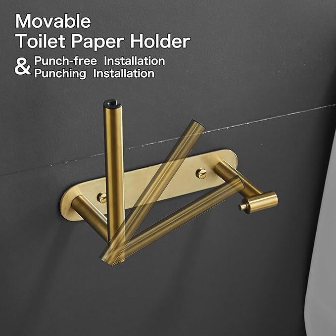 Removable Toilet Paper Holder Bathroom Roll Holder Non-Punch Installation (Brushed Gold)