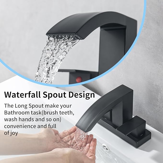 4 Inch Centerset Bathroom Faucet, 2-Handle Waterfall Sink Faucet 3 Hole, Matte Black Vanity Faucet with Pop Up Drain & cUPC Supply Hoses,Waterfall Bathroom Faucet for Lavatory