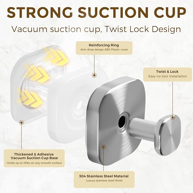 Suction Cup Hooks for Shower, No-Drill Towel Hooks for Bathrooms, Kitchen, Glass Door, Mirror, Tile, Shower Suction Hooks for Hanging Towels, Robe, Loofah, Christmas Wreath (Brushed Nickel, 2 Pack)
