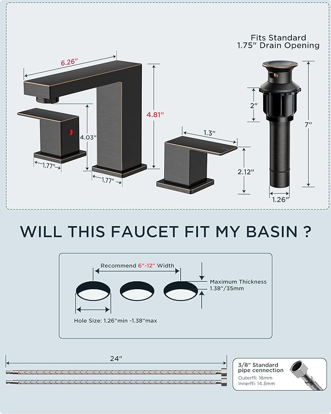 FORIOUS Oil Rubbed Bronze Bathroom Faucet Widespread, Two Handle Antique Bathroom Faucet 3 Hole Oil Rubbed Bronze with Metal Drain, CUPC Hose and Spare Water Saving Aerator for Farmhouse, Restroom