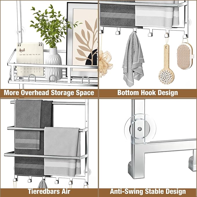 Towel Racks for Bathroom Over The Door Towel Rack Towel Storage with Metal Shelf Basket and Hooks Silver