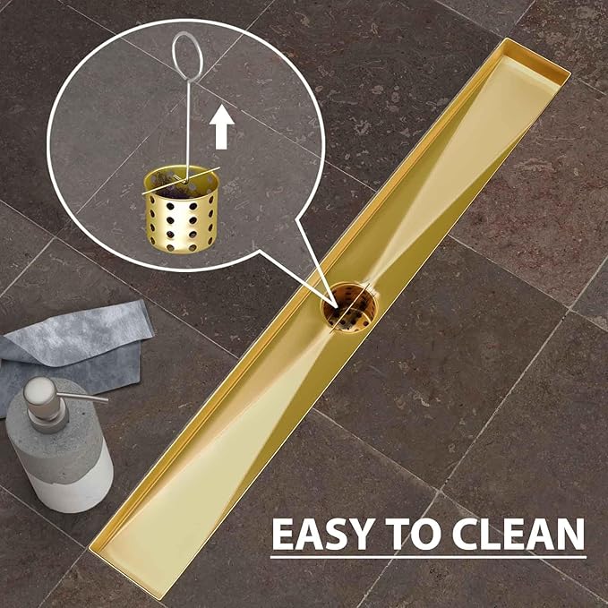 SaniteModar Linear Shower Drain, Shower Drain Gold 36 inch with Removable Grate,Brushed 304 Stainless Steel Shower Drain Include Hair Strainer,Adjustable Leveling Feet