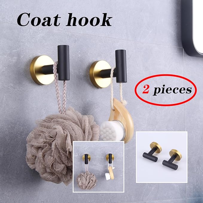 GERZWY Stainless Steel Towel Hook Robe Hook Coat Hook Heavy Duty Wall Mounted Luxury Hooks for Bathroom Hotel 2 Pack (Black & Gold) AG1107B-BD