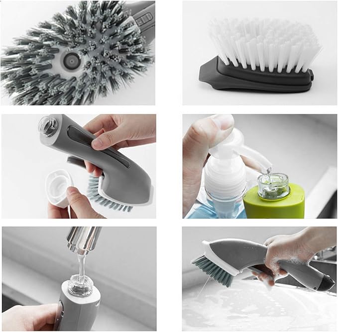 Soap Dispensing Dish Brush, 3-in-1 Heavy Duty Kitchen Scrub Brush with Built-in Soap Dispenser Fillable Reservoir Bathroom Scrubber Grout Cleaning Long Handle for Sink Bathtub