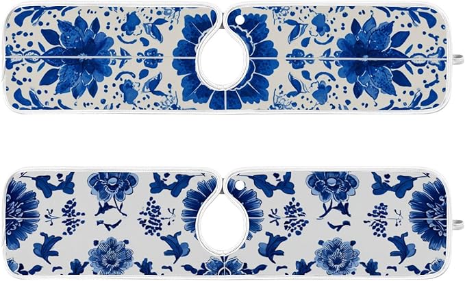 2 PCS Kitchen Sink Splash Guard 23.6 Inch Faucet Mat for Kitchen Sink Bathroom Sink Faucet Absorbing Drip Drain Mat Pad Microfiber Soft Washable Floral Blue and White Tile