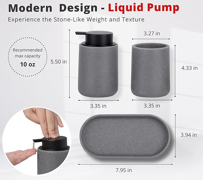 Grey Bathroom Accessories Set, 3 Pcs Resin Bathroom Accessories Complete Set, Sandstone Look Soap Dispenser with Large Pump, Toothbrush Cup, Soap Dish for Modern Home Decor and Kitchen