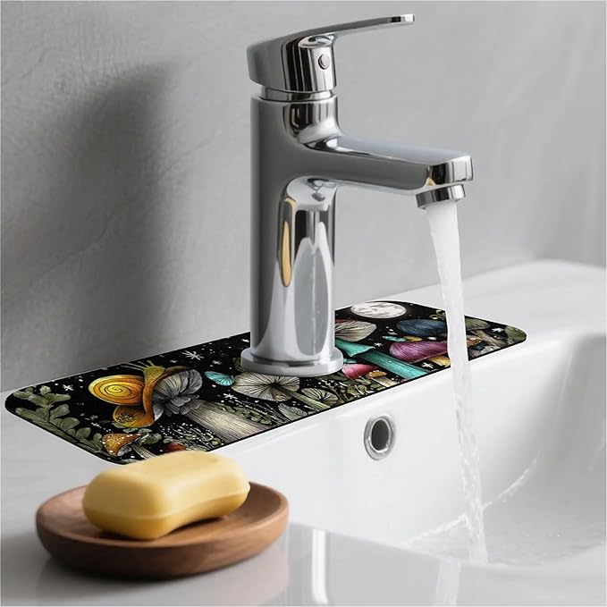 Kitchen Sink Splash Guard，Snail and Mushroom Faucet Mat Sink Gadgets-Super Absorbent Fast Drying Mat Drip Catcher for Kitchen, Bathroom,Sink Mat, Dish Drying Mat, Bathroom(15" X 5.5" )