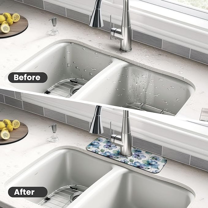 Abstract Flower Blooming Floral Watercolor Kitchen Sink Splash Guard Faucet Mat Super Absorbent Fast Drying Mat Sink Gadgets-Fast Drying Pad Sink Mat For Kitchen Bathroom (15" X 5.5" )