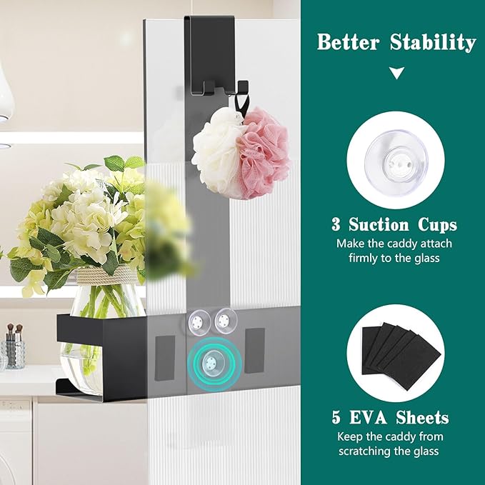 Emibele Over The Door Shower Caddy, 304 Stainless Steel Hanging Shower Caddy Rustproof Shower Shelves, No Drilling Hanging Shower Organizer for Bathroom Glass Door, Black