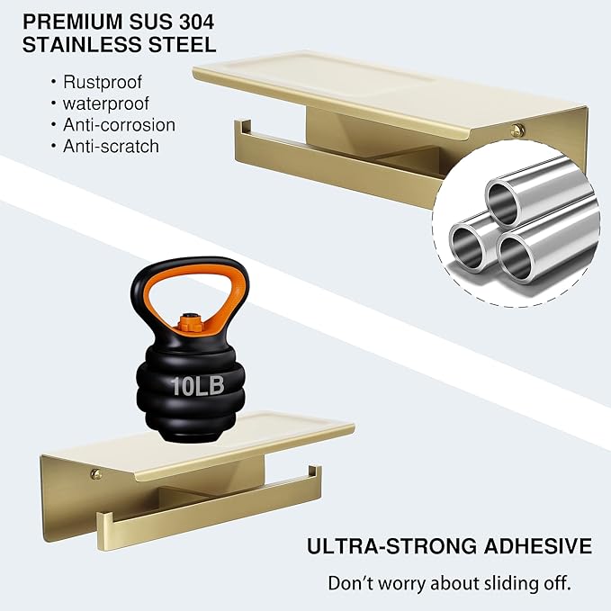 Alise Toilet Paper Holder,Bathroom Tissue Holder with Shelf,SUS304 Stainless Steel Double Toilet Paper Roll Holder Storage Dispenser,Self Adhesive or Wall Mount Drilling Paper Rack,Golden GYT5002-G