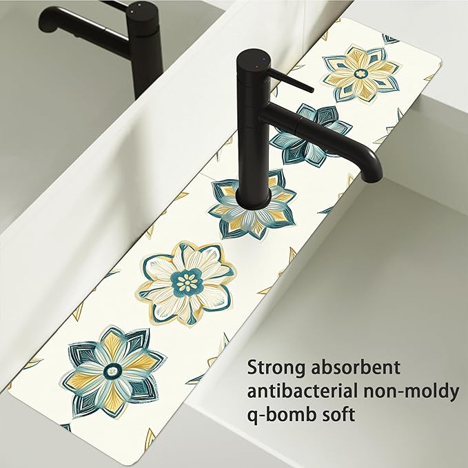 Bimkole 2 PCS Faucet Absorbent Mat, Kitchen Faucet Sink Splash Guard Wraparound Cloth Pads Drip Catcher for Sink Faucet for Kitchen Bathroom Faucet, Colorful Faucet Mat, 15 x 4 Inch Flower A2