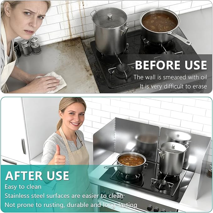 18"x16" Kitchen Splash Guard (2 PCS), Foldable Stainless Steel Backsplash Panel with Edge Protection, Heat Insulation Splashback for Stove and Counter