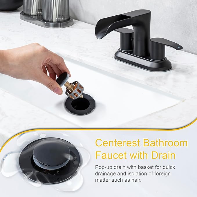 4 Inch Waterfall Bathroom Sink Faucet Centerest Bathroom Faucet Dual Handle Vanity Faucets 2 Hole or 3 Hole Waterfall Basin Mixer Tap with Pop Up Drain, Matte Black
