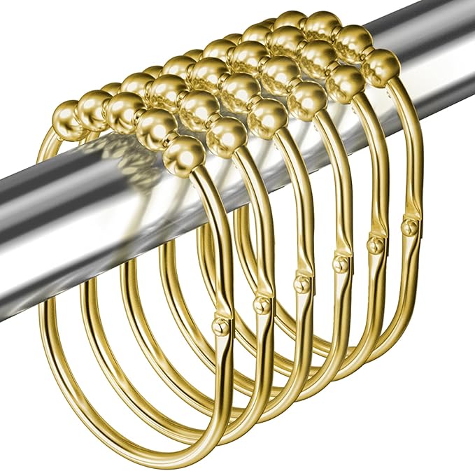 12PCS Wide Shower Curtain Hooks, Rust Proof Stainless Steel Shower Curtain Rings, Heavy Duty Shower Hooks for Shower Curtain Bathroom Curtain Hooks, Easy Glide Rollers, Set of 12, Gold