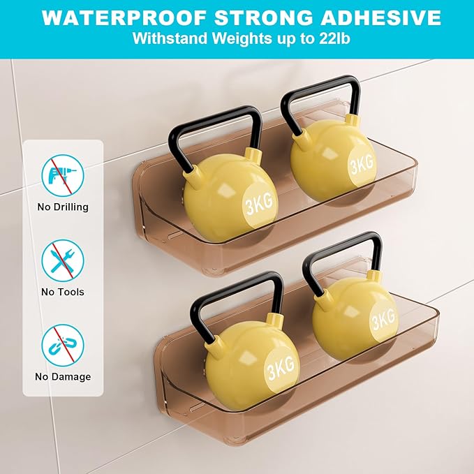 CGBE 2-Pack Acrylic Shower Shelves, Large Capacity Adhesive Shower Shelf, No Drilling Adhesive Bathroom Shelf with Drain Holes,Clear Wall Mount Organizer for Bathroom Storage (Amber)