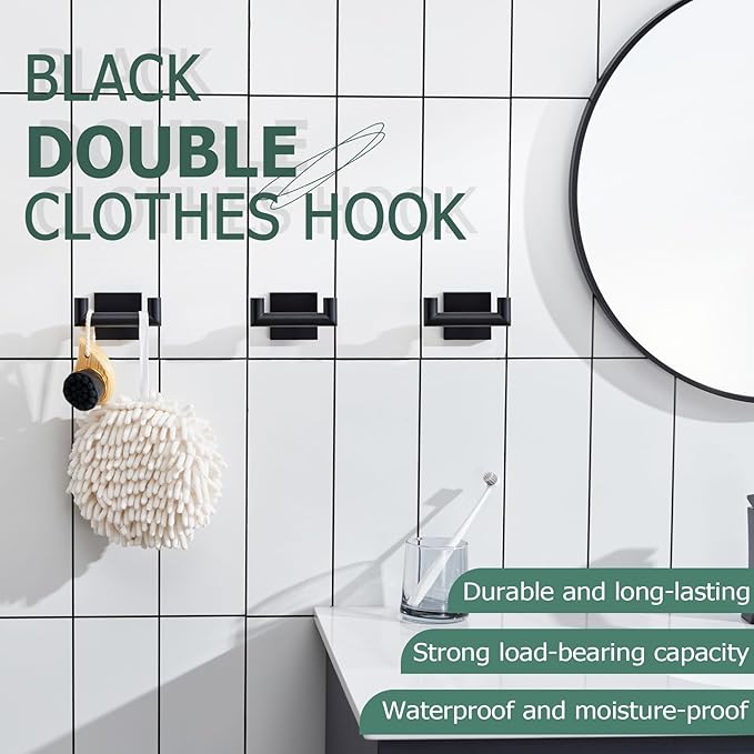 KOKOSIRI Robe Hook Bathroom Double Towel Coat Hooks Matte Black for Bath Kitchen Wall Mounted, 3 Pack Stainless Steel B1015BK-P3