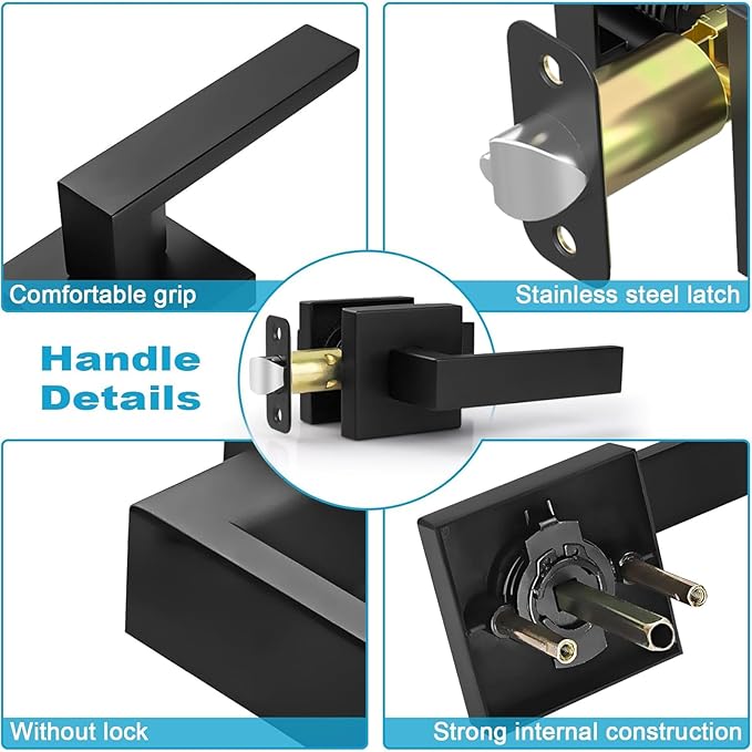 Estmoon 6 Pack Door Handles Matte Black - Passage Door Knobs Interior Square Door Levers, Heavy Duty Non-Locking Leversets Hall Closet Handles, Reversible for Right & Left Sided Doors