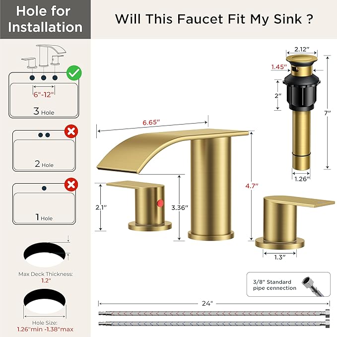FORIOUS Upgrade Brushed Gold Bathroom Faucets 3 Hole, 8 Inch Widespread Waterfall Bathroom Sink Faucet Two Handle with CUPC Hose and Metal Pop-up Drain for Lavatory, Farmhouse, Rv Remodel