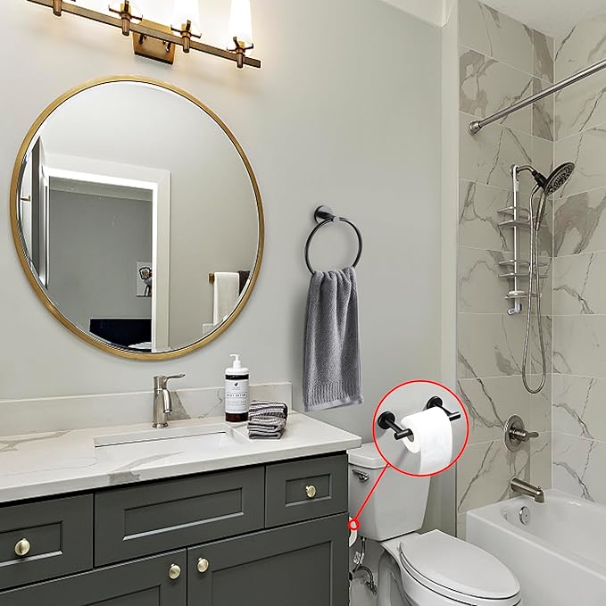 Matte Black Flip Toilet Paper Holder and Hand Towel Ring Set 2 Pieces Bathroom Hardware Accessories Set SUS 304 Stainless Steel Heavy Duty Wall Mounted Bathroom Holder