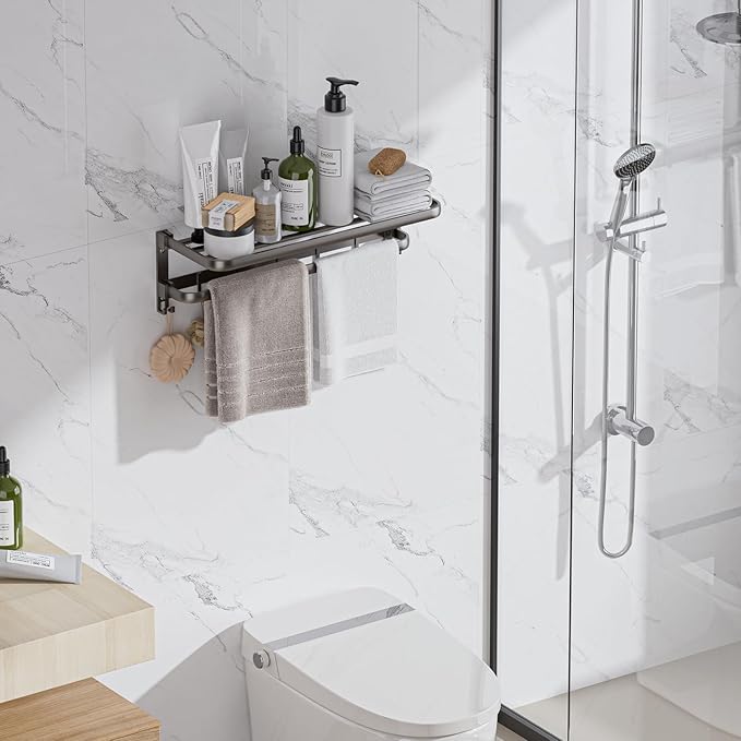 Towel Racks for Bathroom, 24inch Foldable Towel Holder with Double Towel Bars, Rustproof Towel Organizer Towel Hanger, Wall Mounted Bath Towel Shelf with 7 Hooks for Bathroom, Lavatory - Grey