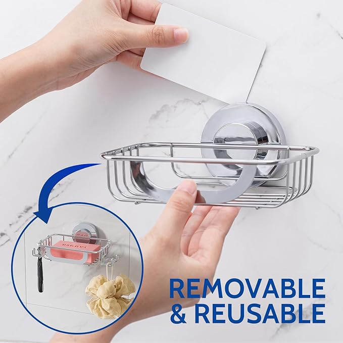 Soap Dish Soap Bar Holder Suction Cup with 4 Hooks, Stainless Steel Soap Saver Tray for Shower Wall, Bathroom, Kitchen, Rustproof No Drilling Bar Soap Holder, Silver