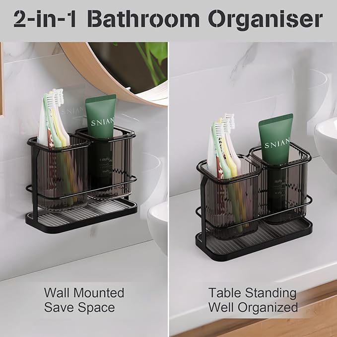 Countertop Toothbrush Holders, Electric Tooth Brush and Toothpaste Holder for Bathroom Wall with Hook, 2 Cups Toothbrush Organizer with Drain Tray Bathroom Accessories Storage (Black)