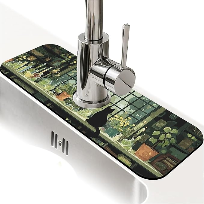 Kitchen Sink Splash Guard，Green witch room Faucet Mat Sink Gadgets-Super Absorbent Fast Drying Mat Drip Catcher for Kitchen, Bathroom,Sink Mat, Dish Drying Mat, Bathroom(15" X 5.5" )