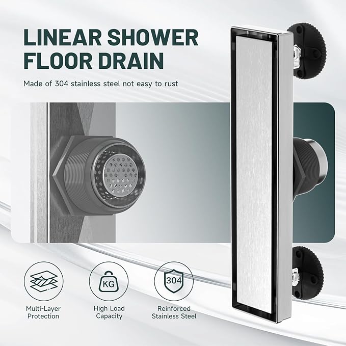12-Inch Linear Shower Floor Drain, Stainless Steel Bathroom Floor Drains, Rectangular Shower Trench Floor Drain, Hair Strainer, Brushed Nickel