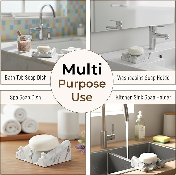 DOXOLOGY White Marble Soap Dish Bathroom Organizer - Resin Soap Dish with Rectangular Design 3.7" L x 2.8" W - Self Draining Soap Dishes Keeps Countertop Neat - Marble Look Soap Tray for Sink