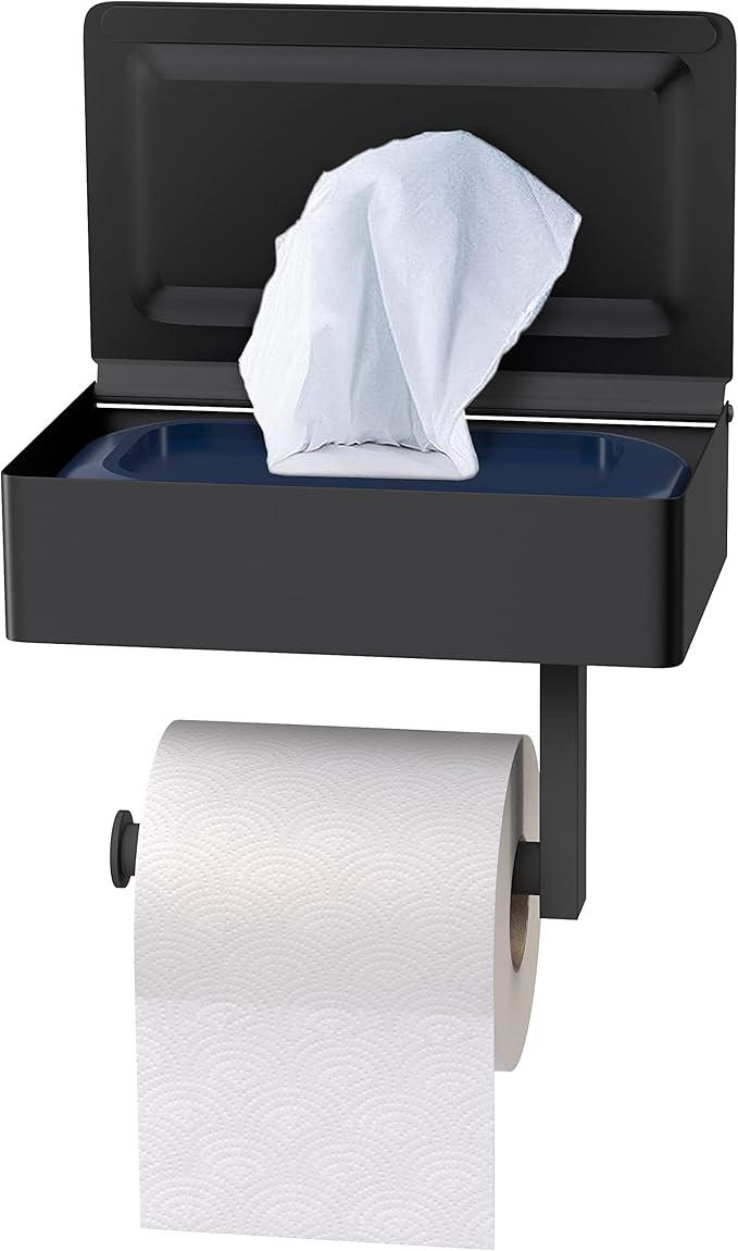 Matte Black Toilet Paper Holder Wall Mounted with Shelf & Wipes Storage – Stainless Steel SUS304 Modern Toilet Tissue Roll Holder for Bathroom, Kitchen – Adhesive and Screw Installation