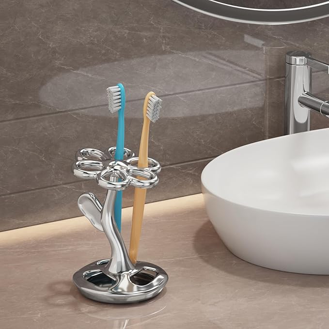 Toothbrush Holder for Bathroom, Flower Shape Ceramic Toothbrush Organiser, Holds 6 Standard Brushes (Silver)