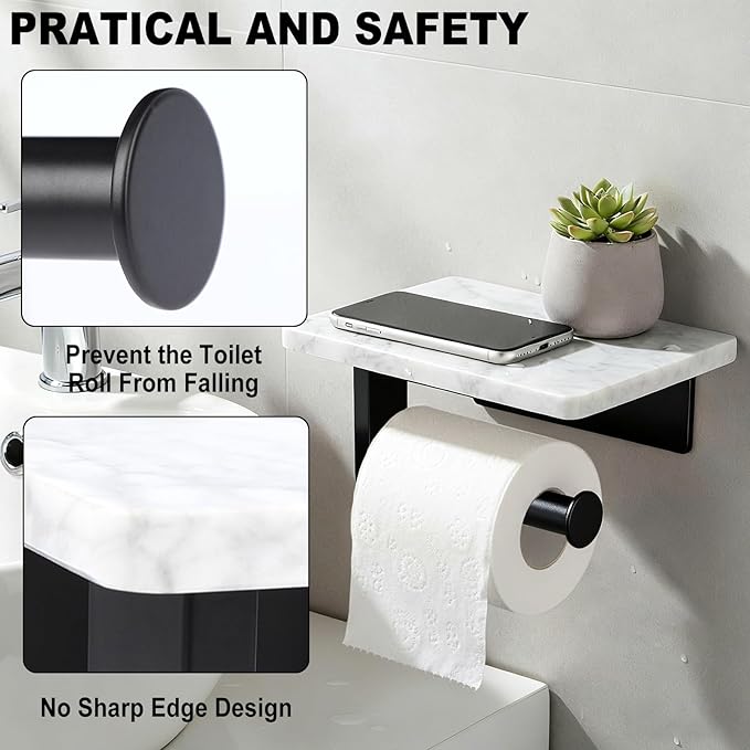 Toilet Paper Holder with Natural Marble Shelf for Bathroom Washroom,Wall Mounted Tissue Holder Suitable for Mega Roll (Small 6.7 * 4.3 in Matte Black)