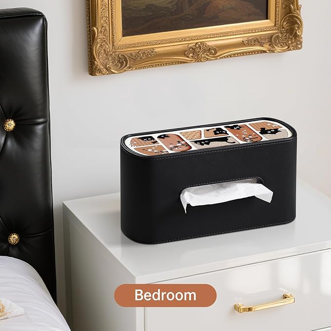 Kitty Cat Tissue Box Cover Rectangle, 4 Inches High Tissue Box Holder for 120(3-Ply)/160(2-Ply) Count Boxes, Stylish Curved Edge Tissue Holder for Bathroom Living Room Car Office (Black)