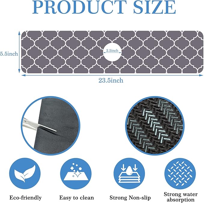Faucet Mat for Kitchen Sink Stylish Grey Moroccan Art, Soft Diatom Mud Material, Strong Water Absorption, Non-slip, Easy to Clean for Bathroom, Kitchen 23.5"X5.5"