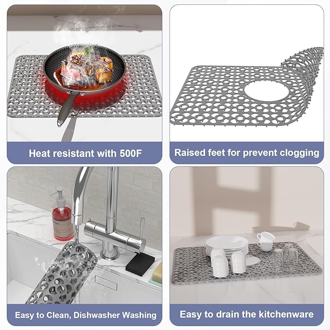 TOOVEM Kitchen Sink Mats, 11.5 x 18.2 Inch Sink Protectors for Kitchen Sink, Silicone Heat Resistant Non-Slip for Bottom of Kitchen Stainless Steel Sink Mats, Grey