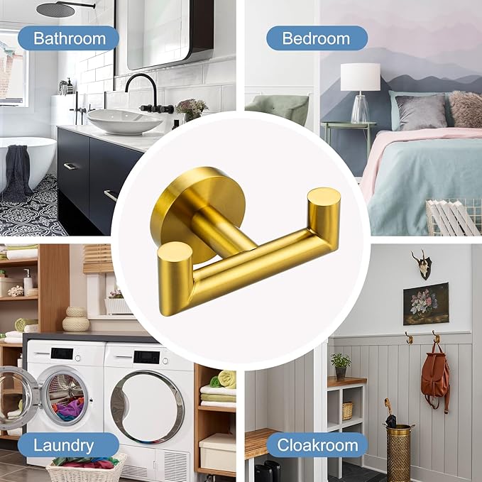 ALEASHA Shower Towel Hook Brushed Gold, Stainless Steel Towel Hanger, Heavy Duty Double Towel Hook, Towel Holder for Bathroom, Wall Mount Robe Hook