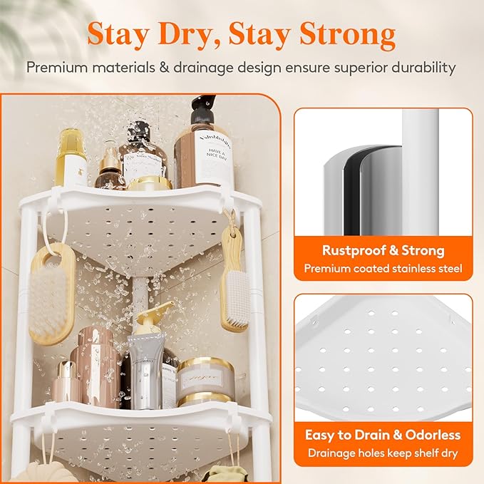 Lifewit Floor Standing Shower Caddy Corner, 5 Tier Plastic Shower Stand Rack with Adjustable Feet and Hooks, Rustproof Bathroom Shelf Organizer, White，34 x 24 x 139 cm/13 x 9.5 x 55 inch