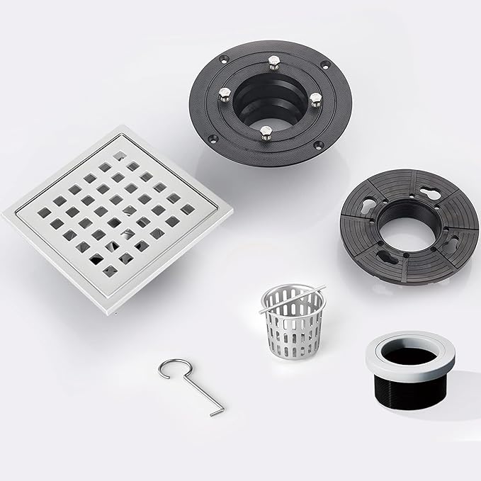 6 Inch Square Shower Floor Drain, Shower Drain Kit with Flange, Square Shower Drain, SUS 304 Stainless Steel Floor Drain,Silver