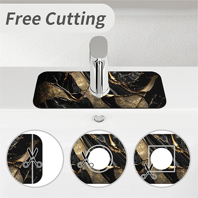 Kitchen Sink Splash Guard，Black and metallic gold marble Faucet Mat Sink Gadgets-Super Absorbent Fast Drying Mat Drip Catcher for Kitchen, Bathroom,Sink Mat, Dish Drying Mat, Bathroom(15" X 5.5" )